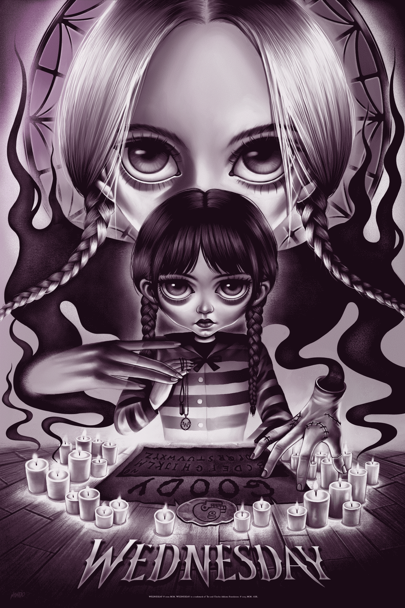 Mondo Wednesday Addams Poster featuring Wednesday Addams with Goody Addams looming behind her. 